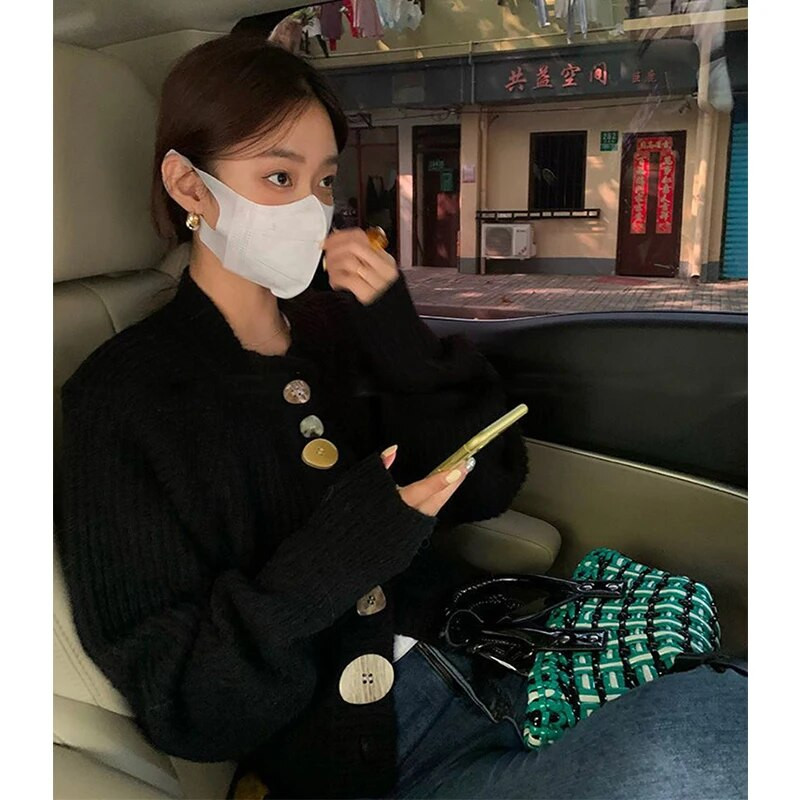 MEXZT melns trikotāžas jaciņš, sieviešu ielas apģērbs, elegants pogas, apgriezts džemperis, vintage korejiešu rudens ziemas plāns, ikdienas džemperi, mētelis