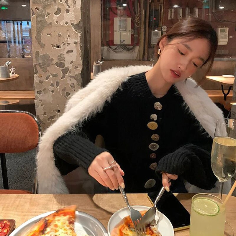 MEXZT melns trikotāžas jaciņš, sieviešu ielas apģērbs, elegants pogas, apgriezts džemperis, vintage korejiešu rudens ziemas plāns, ikdienas džemperi, mētelis