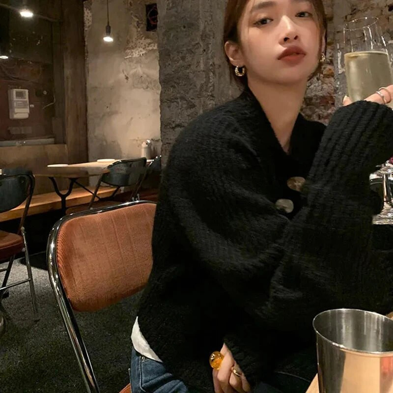 MEXZT melns trikotāžas jaciņš, sieviešu ielas apģērbs, elegants pogas, apgriezts džemperis, vintage korejiešu rudens ziemas plāns, ikdienas džemperi, mētelis