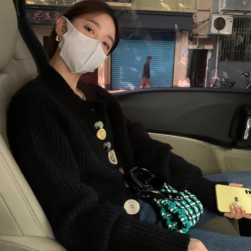 MEXZT melns trikotāžas jaciņš, sieviešu ielas apģērbs, elegants pogas, apgriezts džemperis, vintage korejiešu rudens ziemas plāns, ikdienas džemperi, mētelis