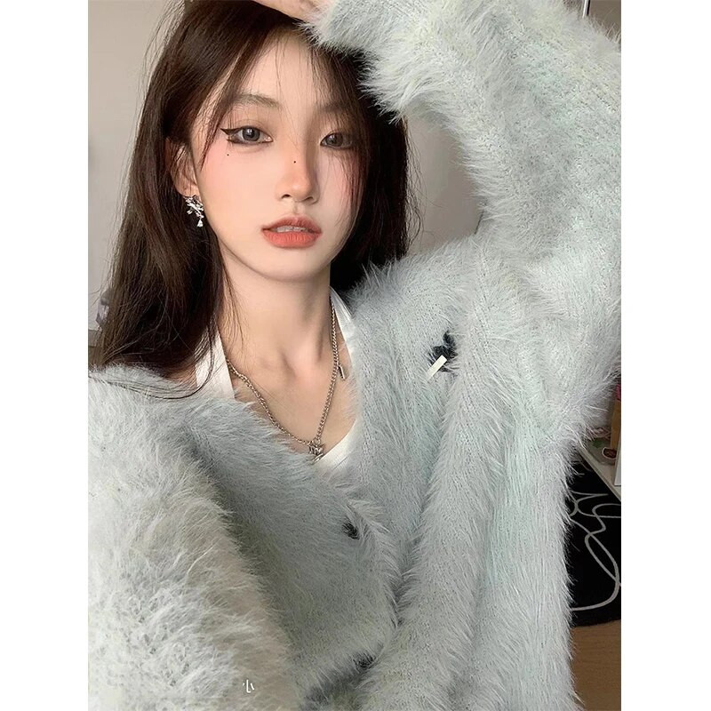 MEXZT pulóver Kardigán női gombos szőrme dzsekik koreai Y2K alkalmi kötött kabátok őszi téli irodai hölgy édes bő pulóverek