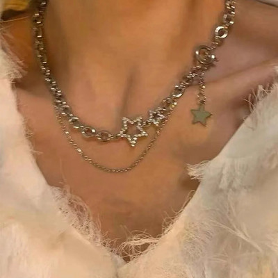Y2K Star cirkona kulonu kaklarota sievietēm Luksusa, salda, forša meitene panku sirds atslēgas kaula ķēde 2023. gada jauna modes juvelierizstrādājumu ballītes dāvana