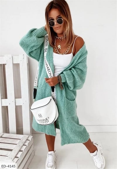 Causal Green Long Cardigan Γυναικεία Πουλόβερ Y2k Ζακέτες Πλεκτά Νέα σε Εξωτερικά Ενδύματα Κομψά Πουλόβερ Μάλλινα & Μείγματα Παλτό Mujer