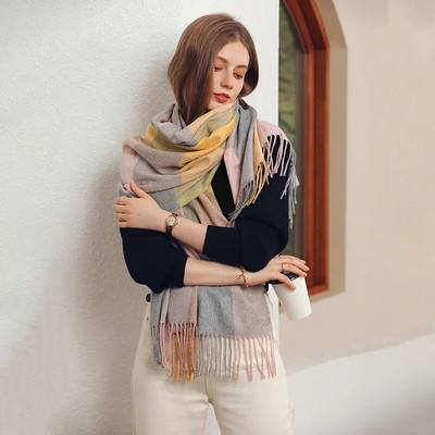 Ziemas jauna sieviešu kašmira rūtainā šalle Šalle Bieza Gara Ziemas Silta Bārkstis Šalles Modes Luksus Zīmols Brīvā laika aptinumi 70*180CM