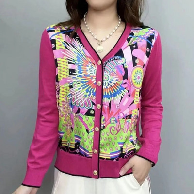 2023. Proljeće Jesen, Nova modna majica s dugim rukavima s V-izrezom, ženski temperamentni ležerni kardigan s okruglim izrezom i dugmadima