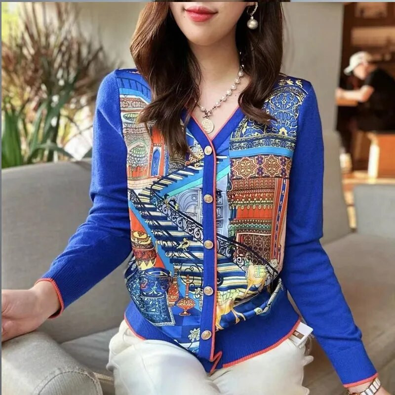 2023. Proljeće Jesen, Nova modna majica s dugim rukavima s V-izrezom, ženski temperamentni ležerni kardigan s okruglim izrezom i dugmadima