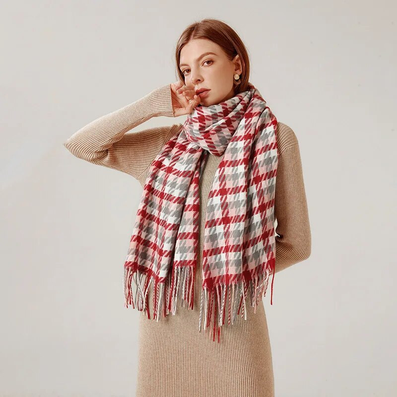 Sieviešu ziemas silta kašmira rūtainā šalle šalle bieza gara pashmina modes grezna zīmola krāsa suņu zoba šalles aptinumi 70*180cm