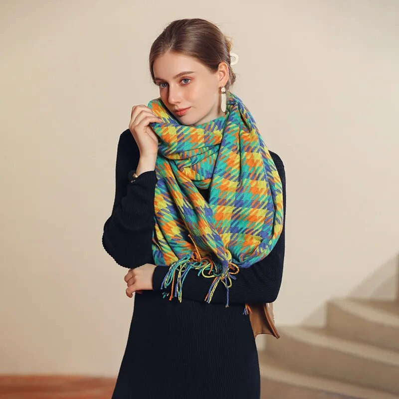 Sieviešu ziemas silta kašmira rūtainā šalle šalle bieza gara pashmina modes grezna zīmola krāsa suņu zoba šalles aptinumi 70*180cm