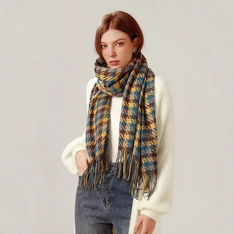 Sieviešu ziemas silta kašmira rūtainā šalle šalle bieza gara pashmina modes grezna zīmola krāsa suņu zoba šalles aptinumi 70*180cm