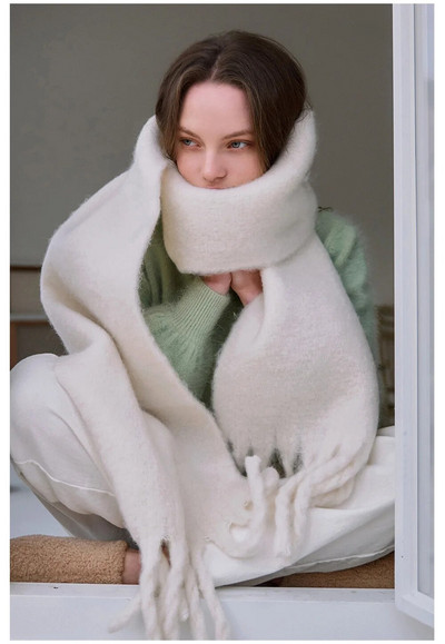 Ženska zima Luksuzni jednobojni šal od kašmira Zimski topli šal i omot Debeli dugi mekani Bufanda šalovi s velikim resama Pokrivač od pašmine