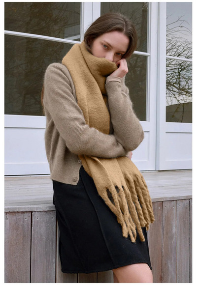 Ženska zima Luksuzni jednobojni šal od kašmira Zimski topli šal i omot Debeli dugi mekani Bufanda šalovi s velikim resama Pokrivač od pašmine