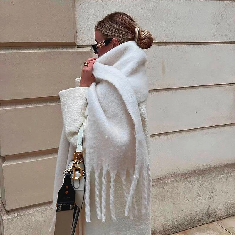 Ženska zima Luksuzni jednobojni šal od kašmira Zimski topli šal i omot Debeli dugi mekani Bufanda šalovi s velikim resama Pokrivač od pašmine