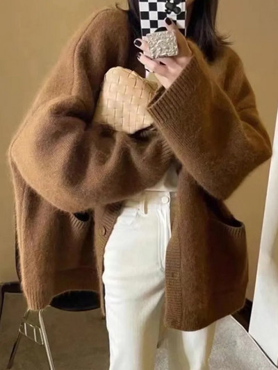 Jesen Zima Kardigan Ženski preveliki pleteni džemper Ženski džemper s jednim kopčanjem u korejskom stilu Ženski ležerni široki kaput od pletiva