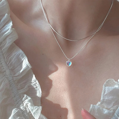 Колие Kpop Heart French Lucky Bean Love Clavicle Chain Корейско просто женско двуслойно колие Женска висулка за жени
