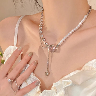 Колие Kpop Heart French Lucky Bean Love Clavicle Chain Корейско просто женско двуслойно колие Женска висулка за жени