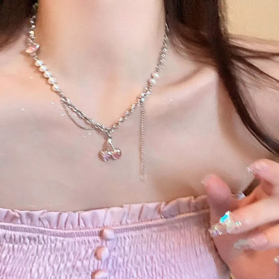 Колие Kpop Heart French Lucky Bean Love Clavicle Chain Корейско просто женско двуслойно колие Женска висулка за жени