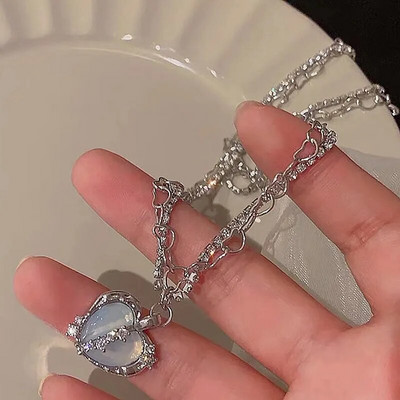 Колие Kpop Heart French Lucky Bean Love Clavicle Chain Корейско просто женско двуслойно колие Женска висулка за жени
