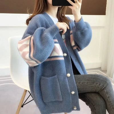 Mink Knit Jumper Moteriškas megztinis Negabaritinis megztas Korėjietiškas laisvas tingus viršutinis mygtukas rožinė šilta minkšta striukė