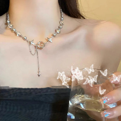 Y2K retro Kpop srebrne ogrlice s privjescima za žene Gothic Circon Heart Cross Ogrlica s kićankama Punk Clavicle Choker nakit