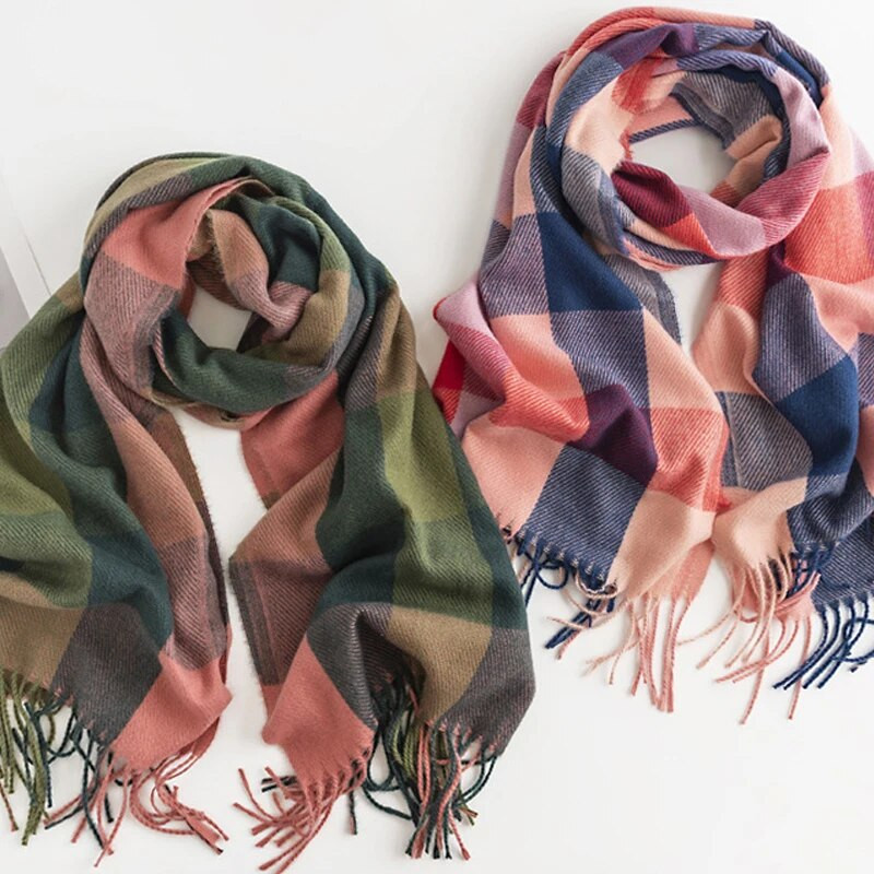 Ženski modni šalovi, dugi šal, zimski debeli topli pleteni veliki karirani šal