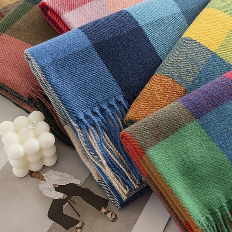 Ženski modni šalovi, dugi šal, zimski debeli topli pleteni veliki karirani šal