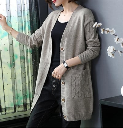 Proljeće Jesen Pleteni kardigan s V-izrezom Ženski korejski pulover srednje dužine Oversize 4xl Elegantni kaputi Ležerna široka pletena odjeća