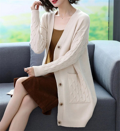 Proljeće Jesen Pleteni kardigan s V-izrezom Ženski korejski pulover srednje dužine Oversize 4xl Elegantni kaputi Ležerna široka pletena odjeća