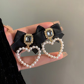 Aksesuāri sievietēm Retro Rhinestone Bow Clip Auskari sievietēm Melns BowKnot Sirds formas bumbieru saspraude uz auskaru ballītes rotaslietas