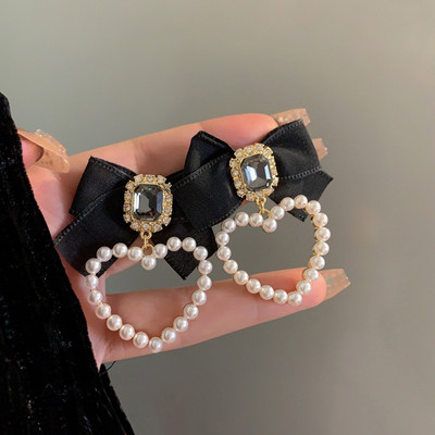 Aksesuāri sievietēm Retro Rhinestone Bow Clip Auskari sievietēm Melns BowKnot Sirds formas bumbieru saspraude uz auskaru ballītes rotaslietas