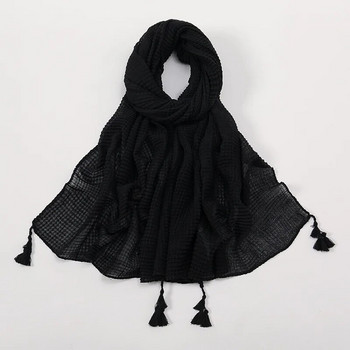 Απλό Βασικό Σχέδιο Καρό Ρυτίδες Φούντα Viscose Hijab Shawl Lady Solid Wrap Headband Pashmina Stole Turban Muslim Sjaal 180*70cm