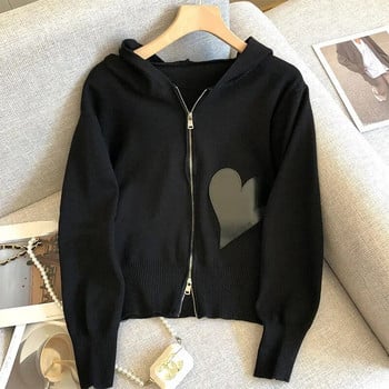 Κομψό Love Απλικέ Casual Zip Up Πλεκτό Ζακέτα Γυναικεία Ανοιξιάτικη Μόδα με κουκούλα κομμένο πουλόβερ Κορεατικά μακρυμάνικα πλεκτά μπλουζάκια