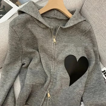 Κομψό Love Απλικέ Casual Zip Up Πλεκτό Ζακέτα Γυναικεία Ανοιξιάτικη Μόδα με κουκούλα κομμένο πουλόβερ Κορεατικά μακρυμάνικα πλεκτά μπλουζάκια