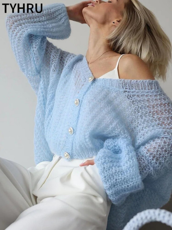 TYHRU Ženske heklane majice Pleteni džemperi lagani prozirni Tanki prozirni pulover Široki kardigan