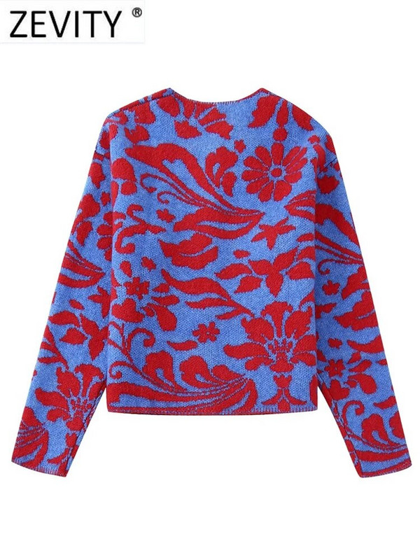 Zevity Ženski vintage džemper s cvjetnim jacquard vezom s O izrezom Ženski šik džemper dugih rukava s dvostrukim džepovima Gornji kaputi CT3000