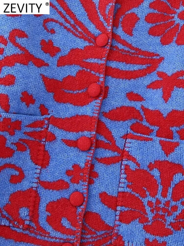 Zevity Ženski vintage džemper s cvjetnim jacquard vezom s O izrezom Ženski šik džemper dugih rukava s dvostrukim džepovima Gornji kaputi CT3000