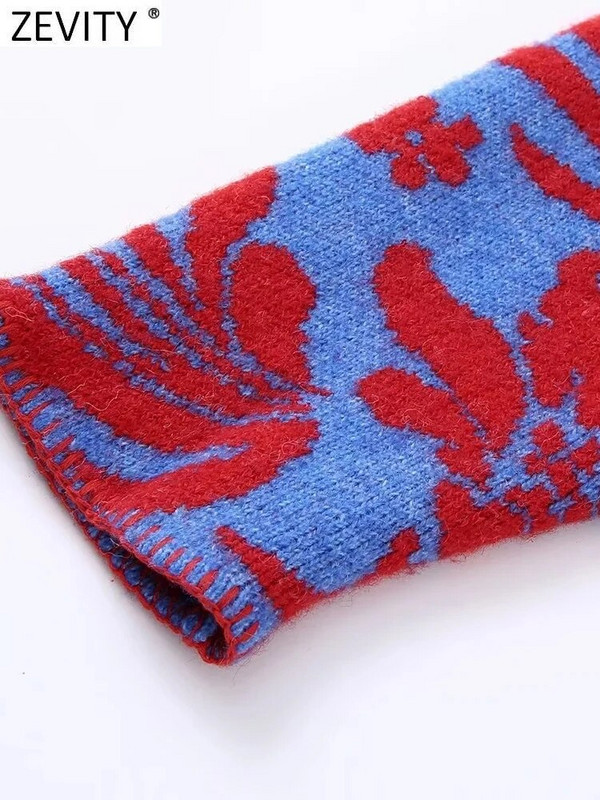 Zevity Ženski vintage džemper s cvjetnim jacquard vezom s O izrezom Ženski šik džemper dugih rukava s dvostrukim džepovima Gornji kaputi CT3000