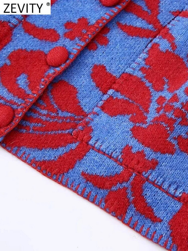 Zevity Ženski vintage džemper s cvjetnim jacquard vezom s O izrezom Ženski šik džemper dugih rukava s dvostrukim džepovima Gornji kaputi CT3000