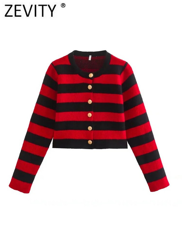 Zevity Sieviešu modes O kakla Zelta krūtiņu svītrains īss adīšanas džemperis Femme Chic, garām piedurknēm, plāni jaciņa mēteļi CT2655