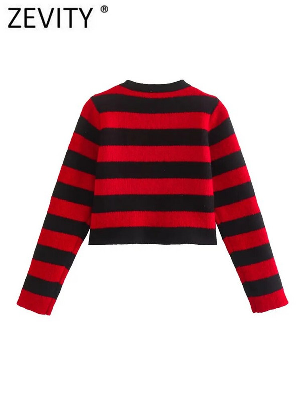 Zevity Sieviešu modes O kakla Zelta krūtiņu svītrains īss adīšanas džemperis Femme Chic, garām piedurknēm, plāni jaciņa mēteļi CT2655