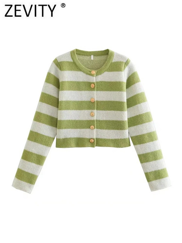 Zevity Sieviešu modes O kakla Zelta krūtiņu svītrains īss adīšanas džemperis Femme Chic, garām piedurknēm, plāni jaciņa mēteļi CT2655