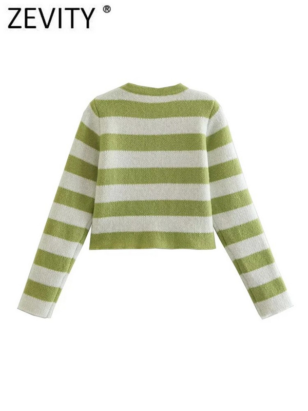 Zevity Sieviešu modes O kakla Zelta krūtiņu svītrains īss adīšanas džemperis Femme Chic, garām piedurknēm, plāni jaciņa mēteļi CT2655