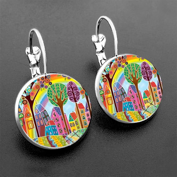 New Arrival Colorful House and Tree Women Stud Earring Abstract Oil Painting House Glass Cabochon Γυναικεία σκουλαρίκια κοσμήματα