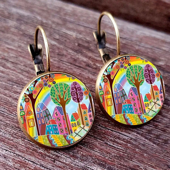 New Arrival Colorful House and Tree Women Stud Earring Abstract Oil Painting House Glass Cabochon Γυναικεία σκουλαρίκια κοσμήματα