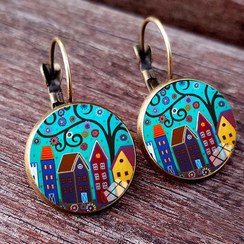 New Arrival Colorful House and Tree Women Stud Earring Abstract Oil Painting House Glass Cabochon Γυναικεία σκουλαρίκια κοσμήματα