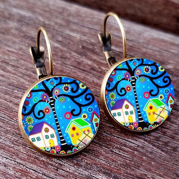 New Arrival Colorful House and Tree Women Stud Earring Abstract Oil Painting House Glass Cabochon Γυναικεία σκουλαρίκια κοσμήματα