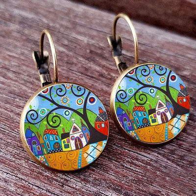 Novi dolazak, šarena kuća i stablo, ženske naušnice s klinovima, apstraktna uljana slika, staklene kabochon, ženske naušnice, nakit