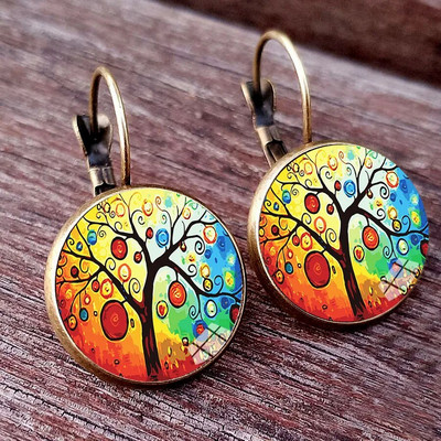 Novi dolazak, šarena kuća i stablo, ženske naušnice s klinovima, apstraktna uljana slika, staklene kabochon, ženske naušnice, nakit