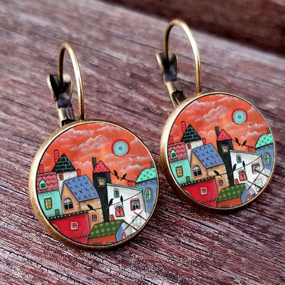 Novi dolazak, šarena kuća i stablo, ženske naušnice s klinovima, apstraktna uljana slika, staklene kabochon, ženske naušnice, nakit