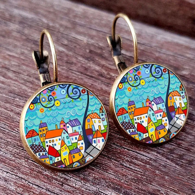 Novi dolazak, šarena kuća i stablo, ženske naušnice s klinovima, apstraktna uljana slika, staklene kabochon, ženske naušnice, nakit