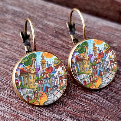 Novi dolazak, šarena kuća i stablo, ženske naušnice s klinovima, apstraktna uljana slika, staklene kabochon, ženske naušnice, nakit